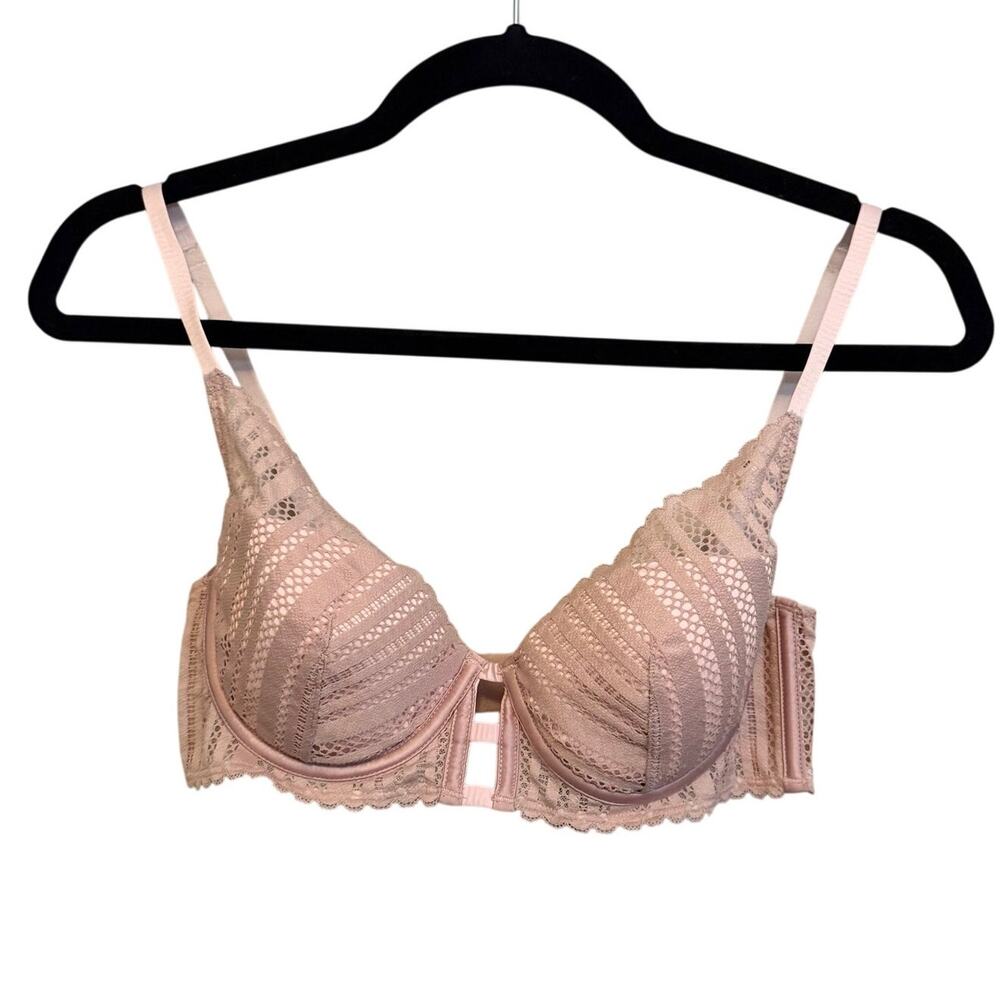 Victoria's Secret Unlined Plunge Bra 34C Pink Geometric Lace Cage Everyday Boho